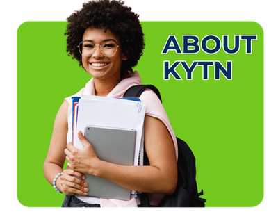 Text reads: ABOUT KYTN. Stock image of a young lady smiling with notebook and backpack on. 