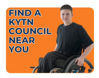Text reads: Find your local KYTN Council. Stock image of young man with limb loss using a wheel chair. 