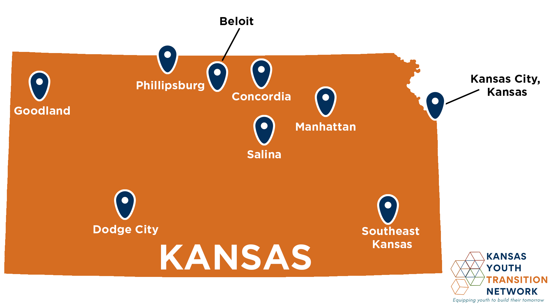 Orange map of Kansas with blue location icons mapping out KYTN pilot sites across the state. KYTN blue and orange logo in the bottom right-hand corner