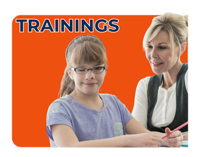 Text reads: TRAININGS. Image of young girl with visual impairment and her mother. 